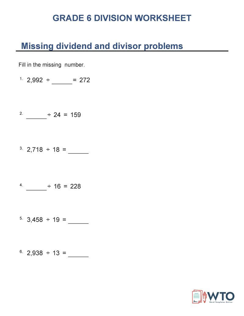 Long division worksheets grade 6 with remainders