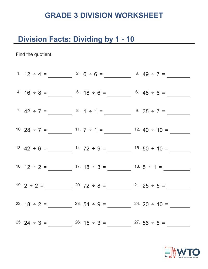Printable Division Worksheets for Grade 3 - Free Example