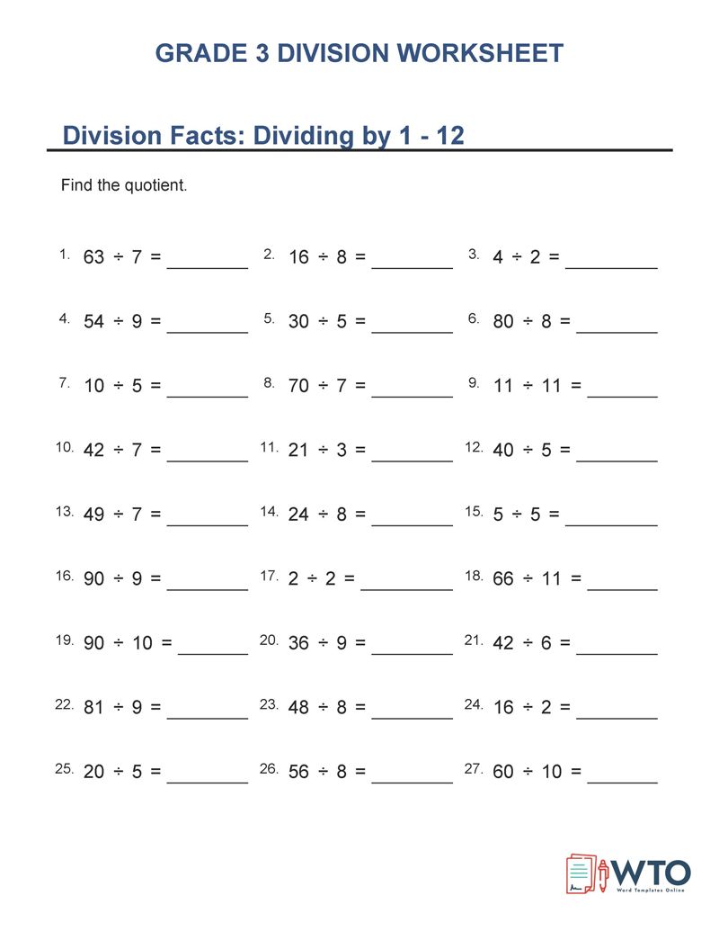 Free Printable Grade 3 Dividing by 1 to 12 Worksheet as Pdf File