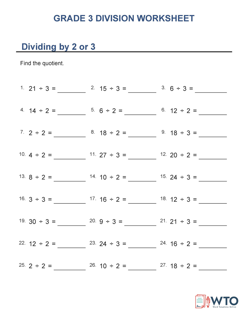 Grade 3 Printable Division Worksheets - Free Sample