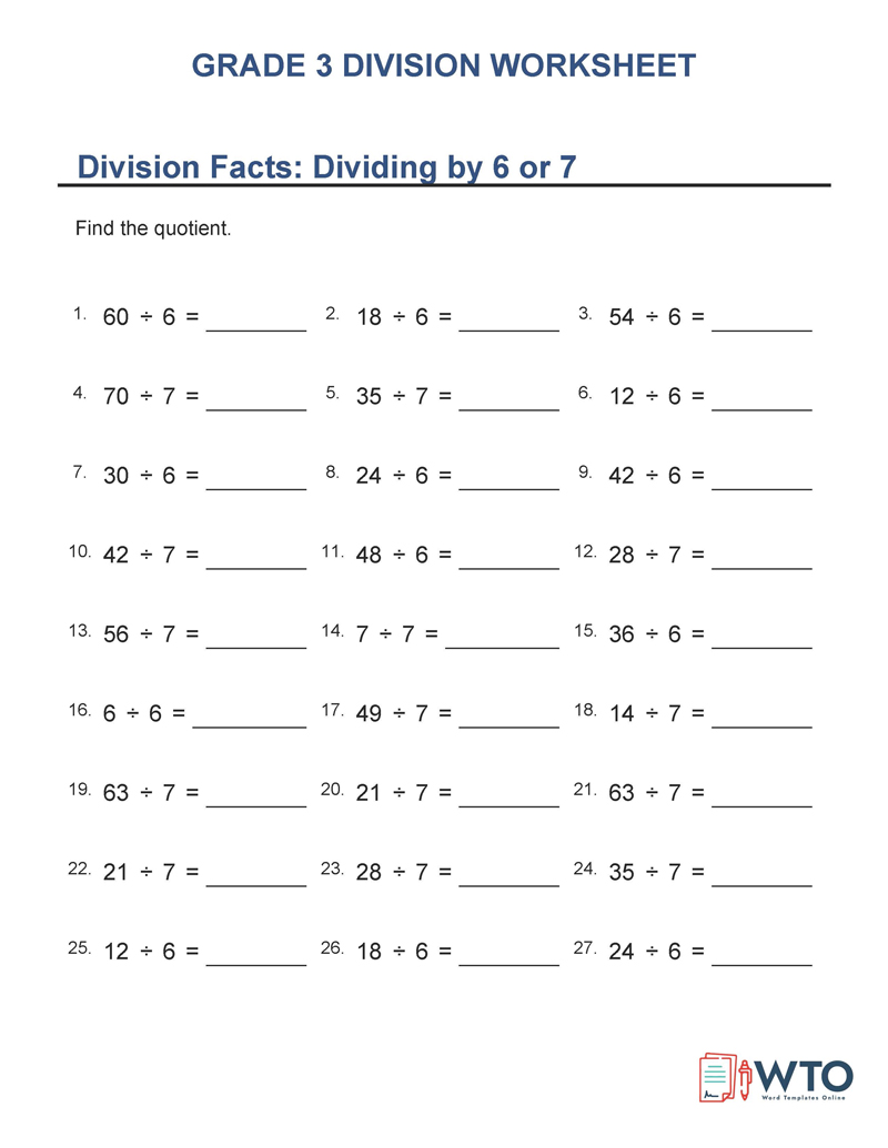 Grade 3 Printable Division Worksheets - Free Form