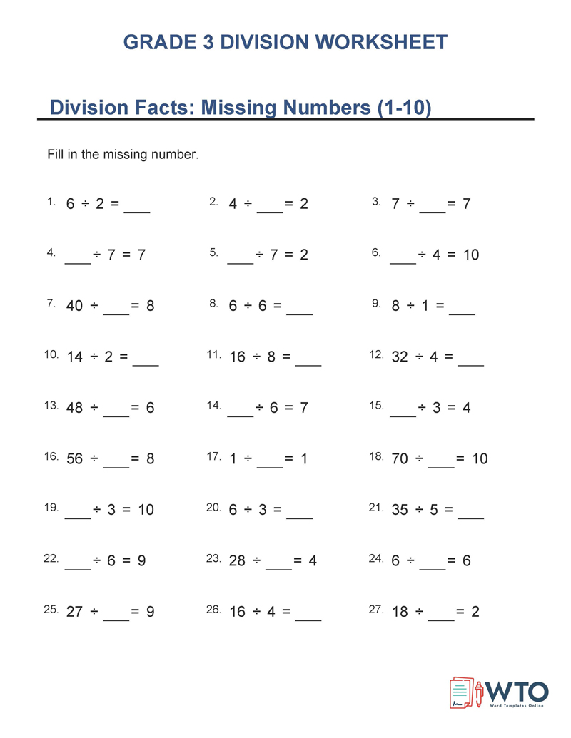 Division worksheets Grade 3 with Answers