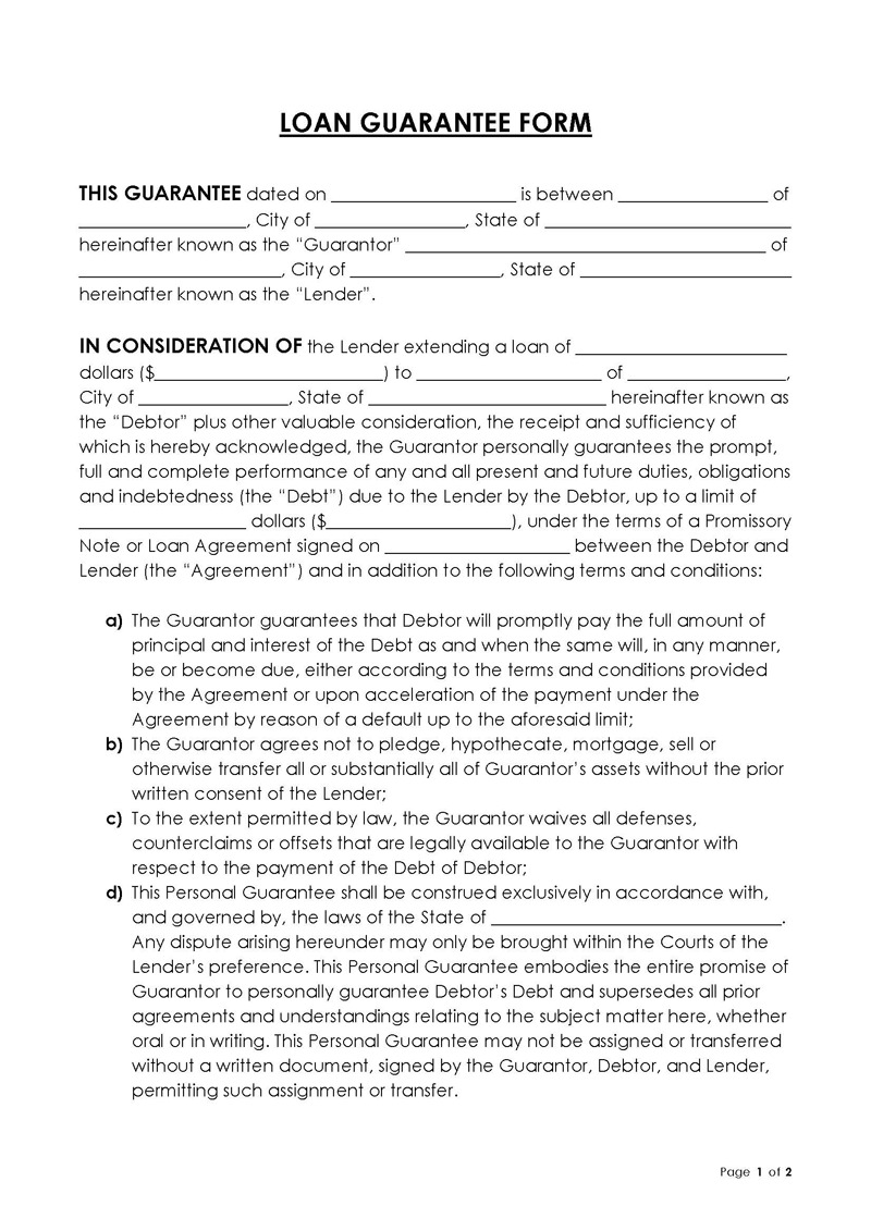 Printable Guarantee Form for Loan Template 04 for Word File