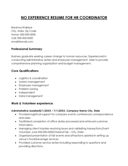 16 Free No Experience Resume Templates - HR Coordinator No Experience Resume 2 437x565 