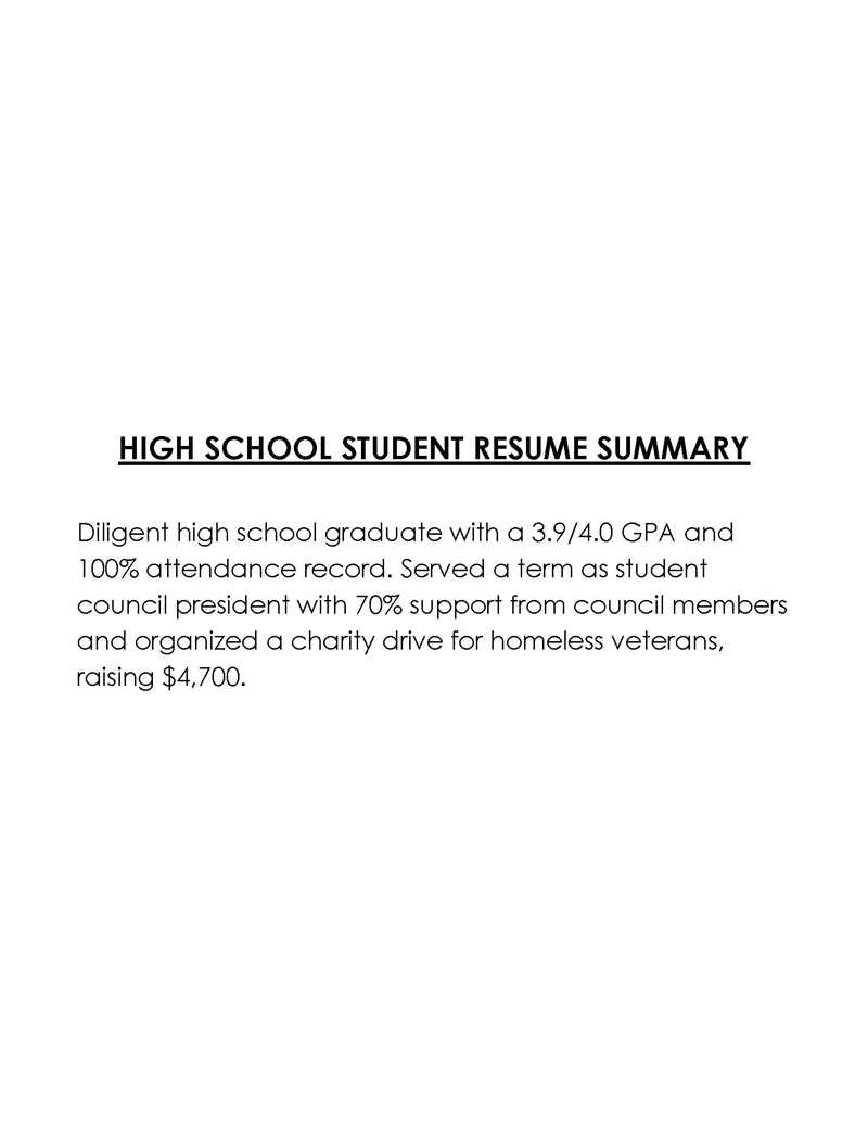 High School Student Summary for Resume