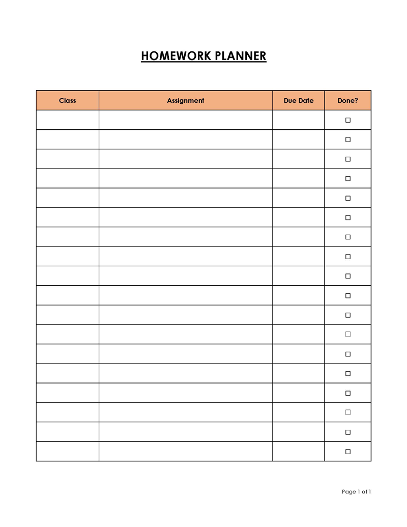 Printable homework planner example