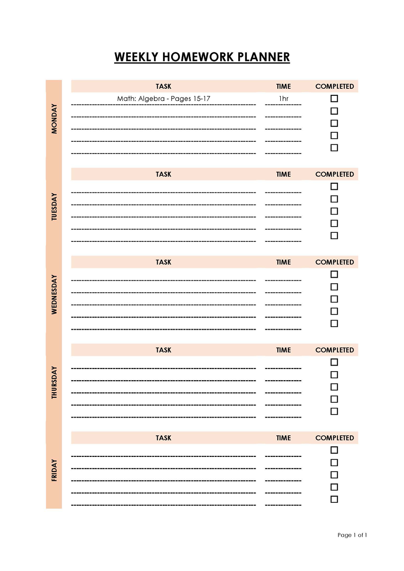 Homework planner sample for free