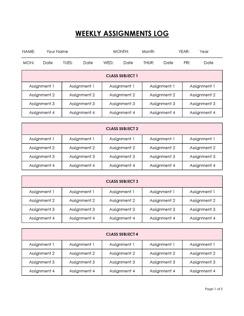 Homework planner template with word format