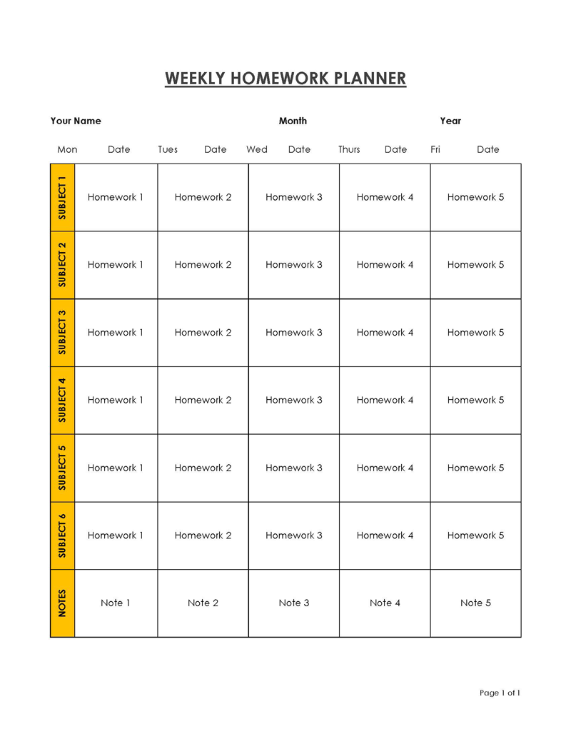 Free printable weekly homework planner example