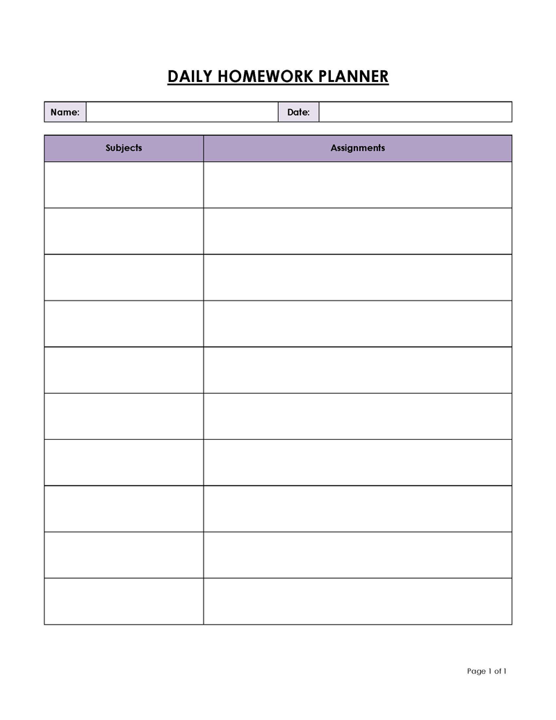 Editable daily homework planner template