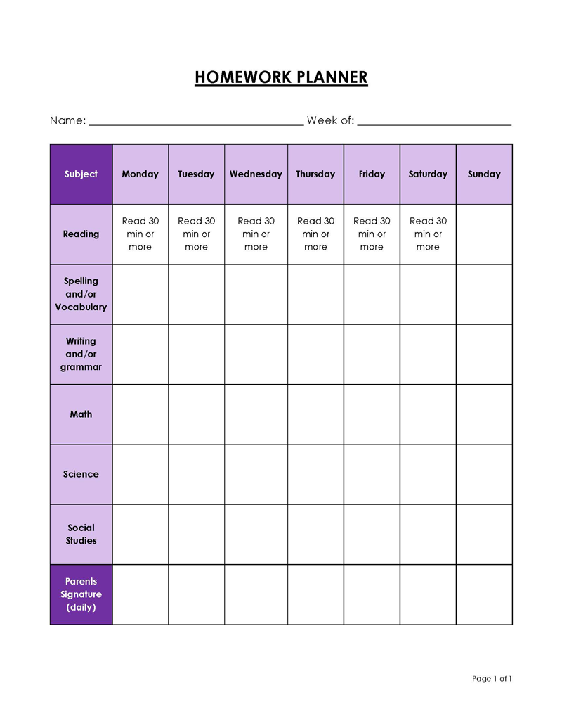Printable homework planner form