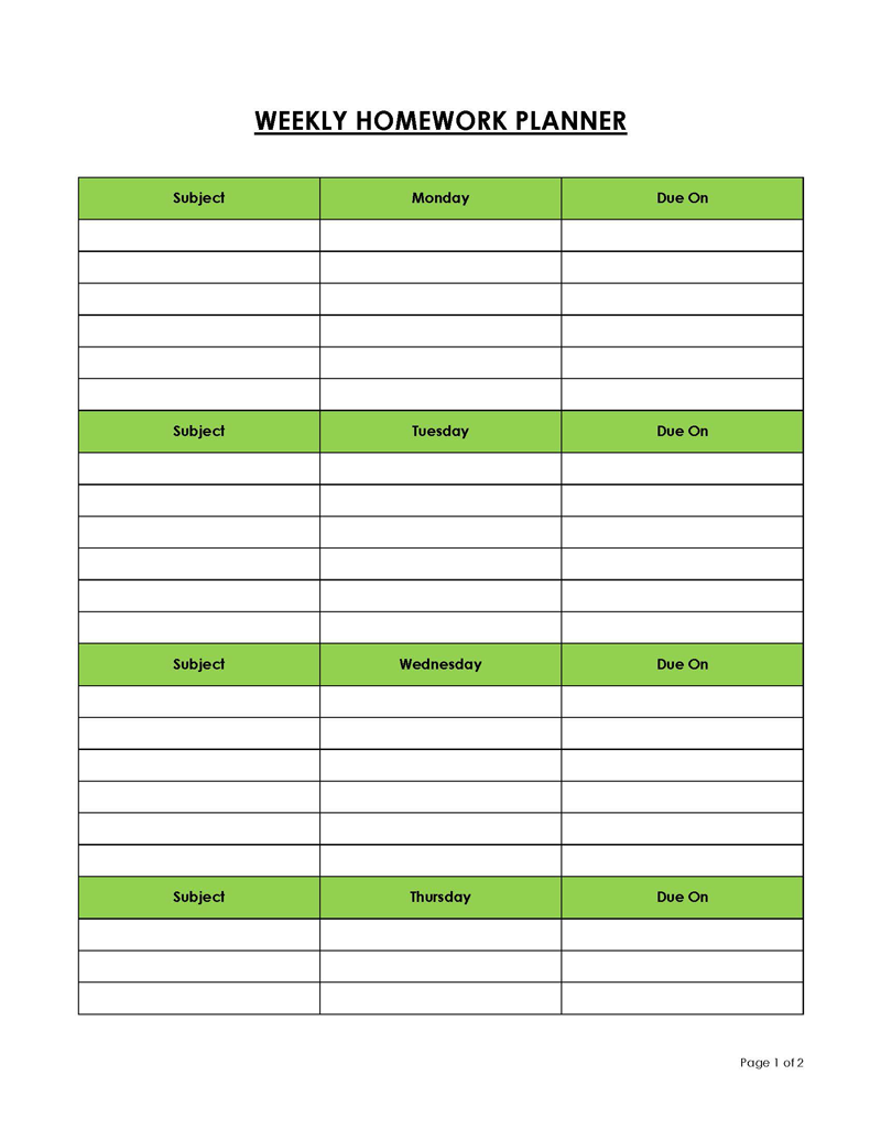 Editable homework planner sample