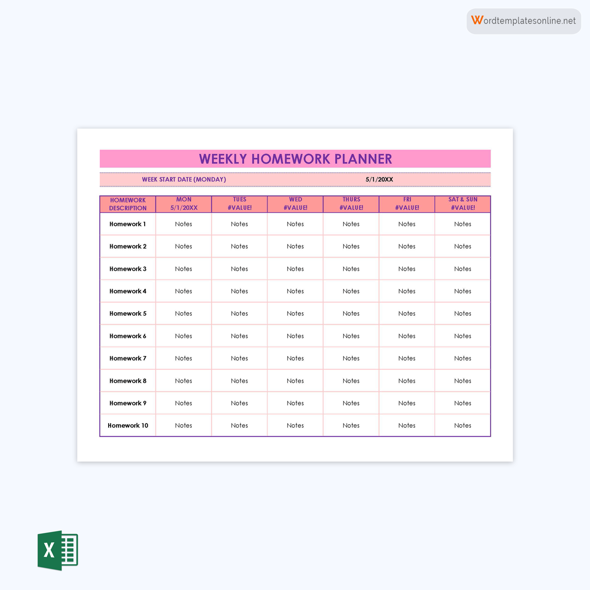 Free homework planner sample template