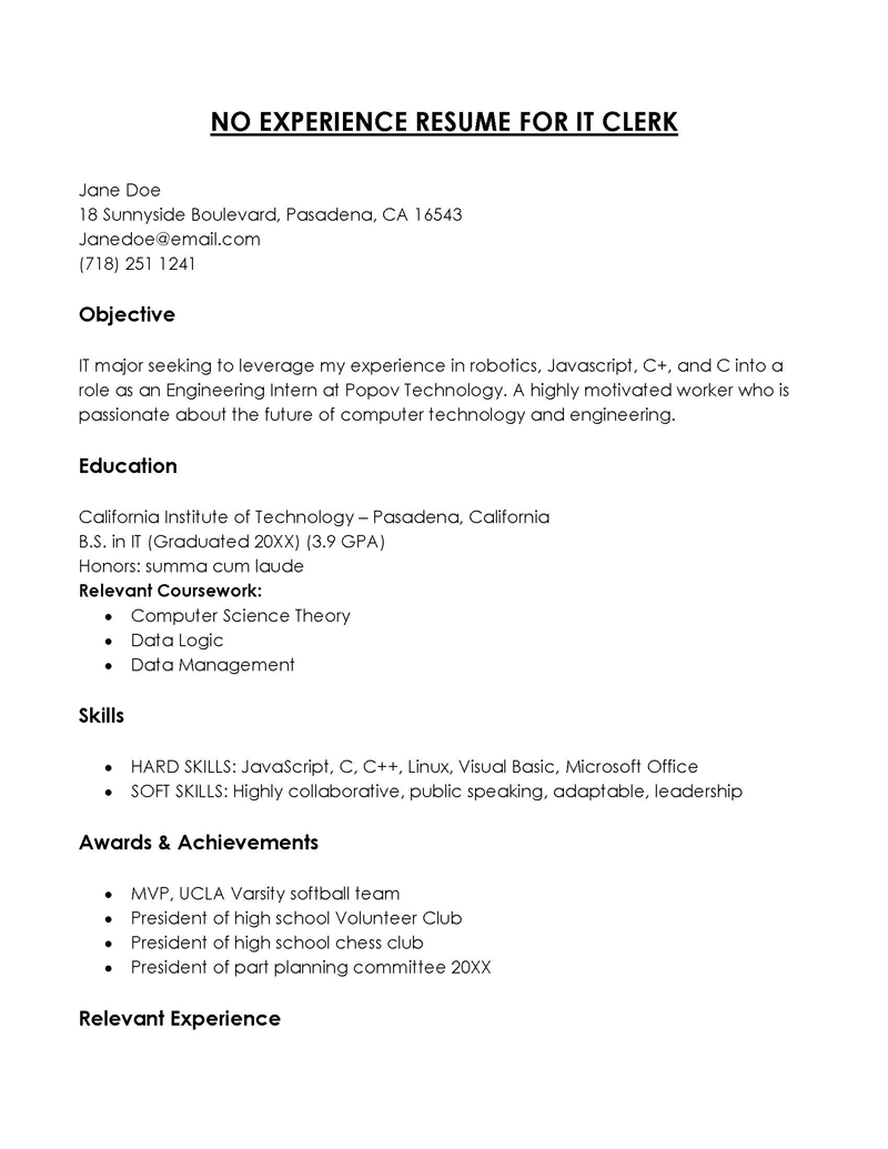 No Experience Resume for IT Clerk