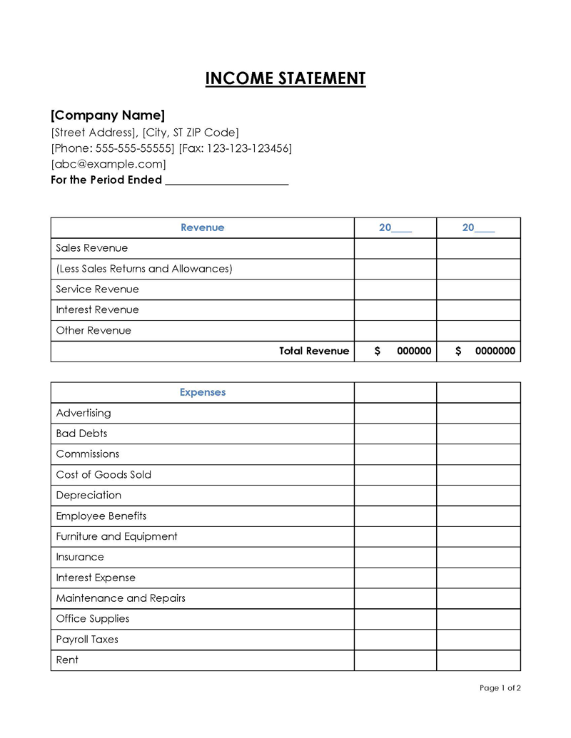 income statement template word