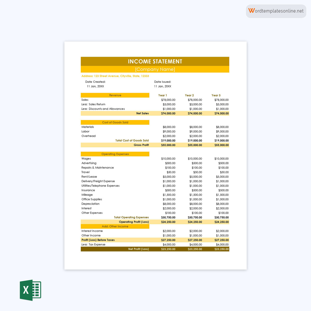 Editable Income Statement Example
