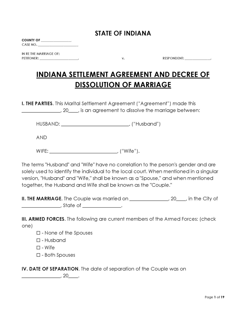 Indiana Divorce Settlement Agreement