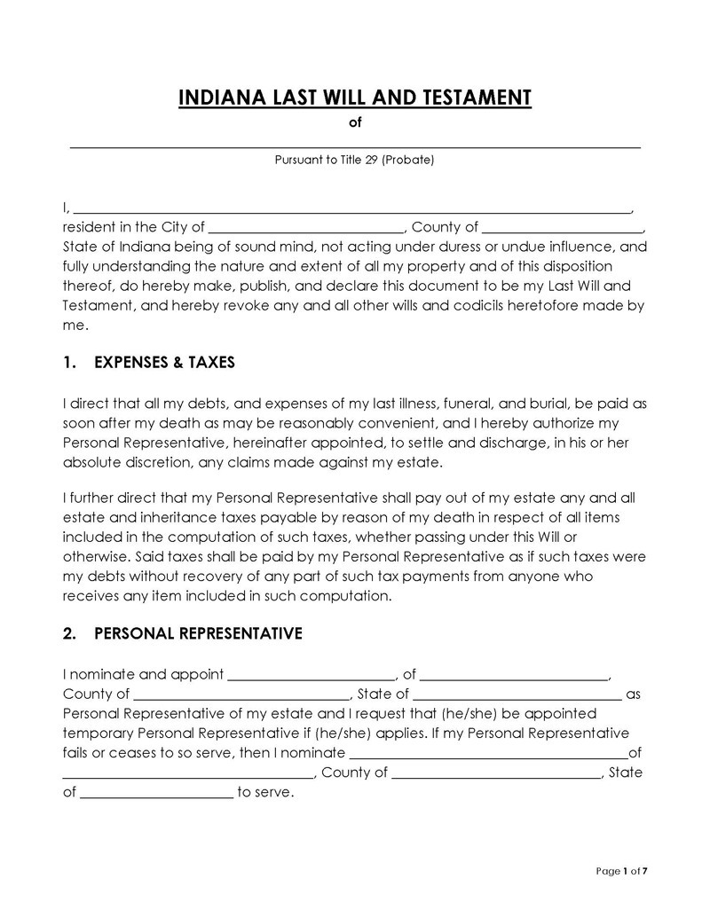 Indiana Last Will and Testament