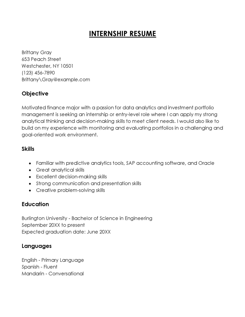 internship resume template word