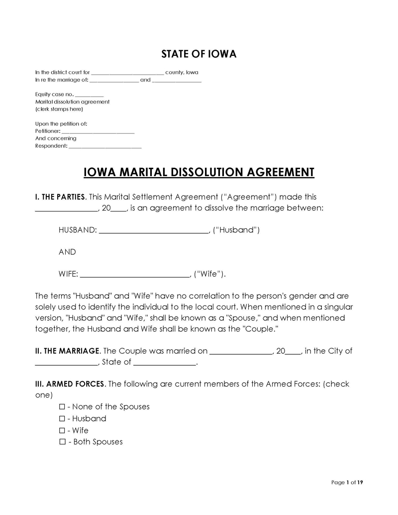 Iowa Divorce Settlement Agreement