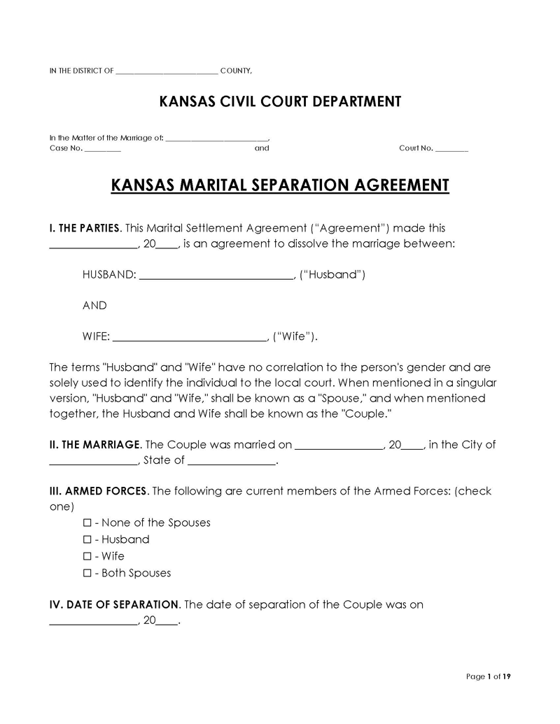 Kansas Divorce Settlement Agreement
