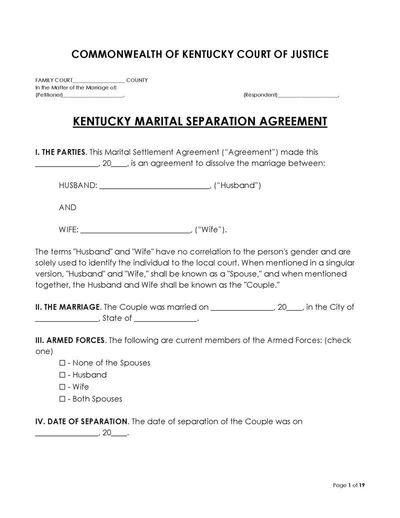 Kentucky Divorce Settlement Agreement