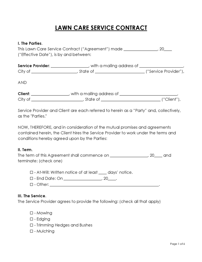 Free Professional Lawncare Service Contract Template for Word File