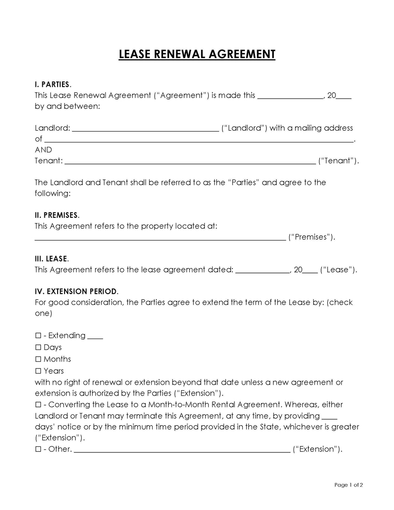 Free Lease Renewal Agreement Template 02 for Word File