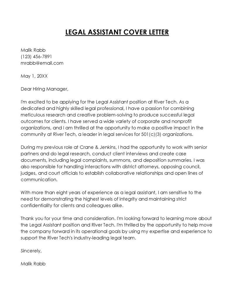 Free Legal Assistant Cover Letter Example for Word