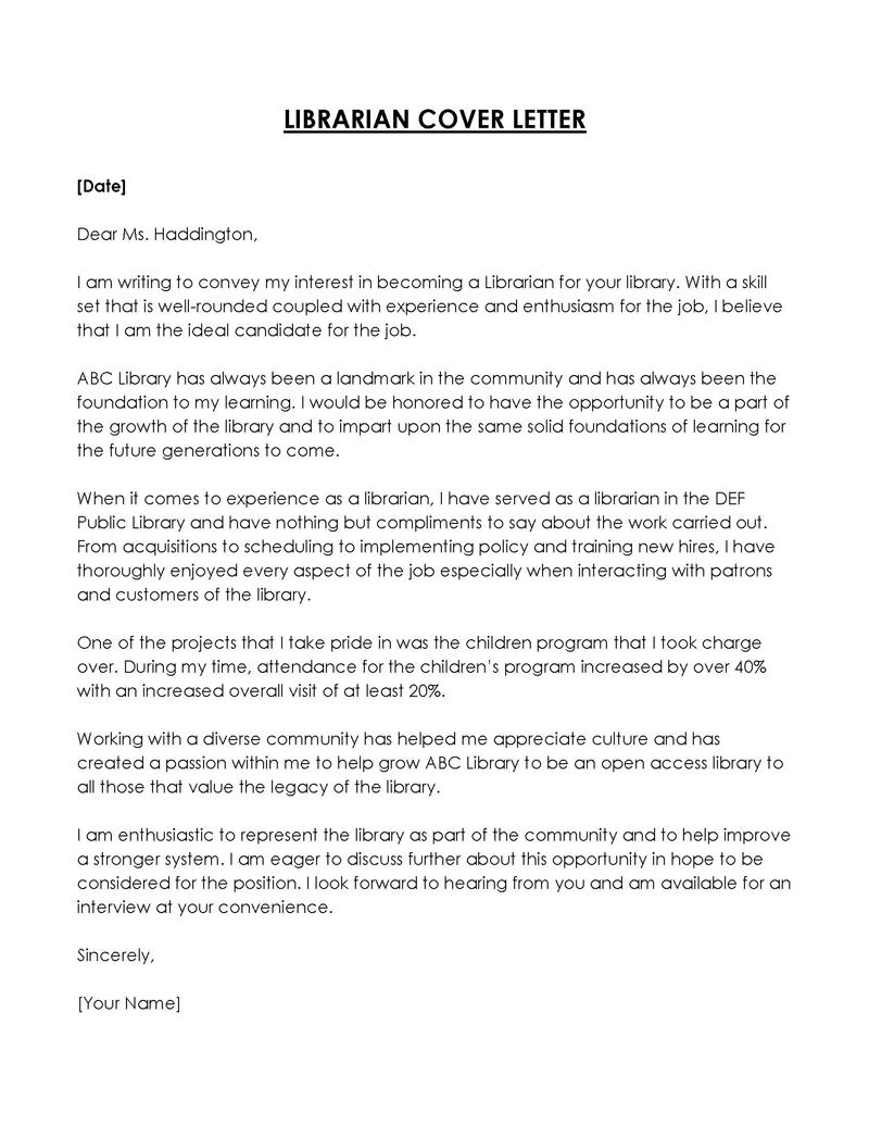 Printable Librarian Cover Letter Example for Word