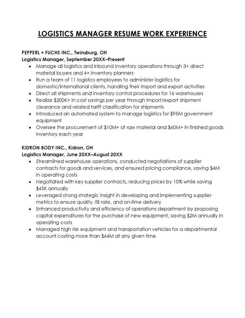Logistics Manager Work Experience in Resume