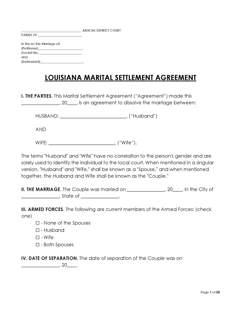 Louisiana Divorce Settlement Agreement