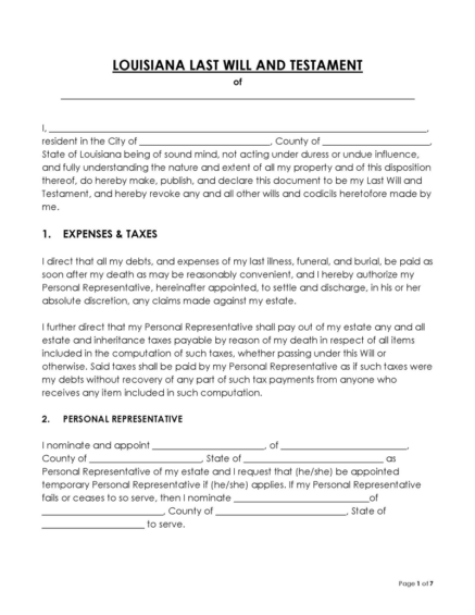 Louisiana Last Will and Testament (Free Template Form)