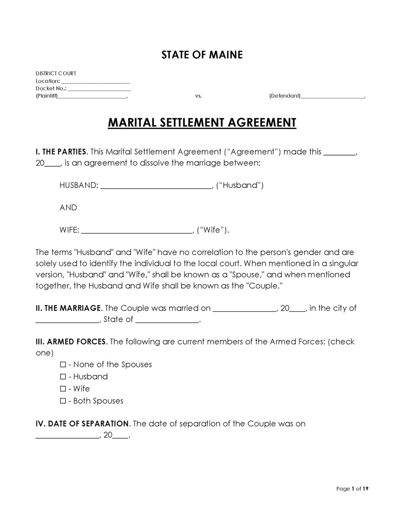 Maine Divorce Settlement Agreement