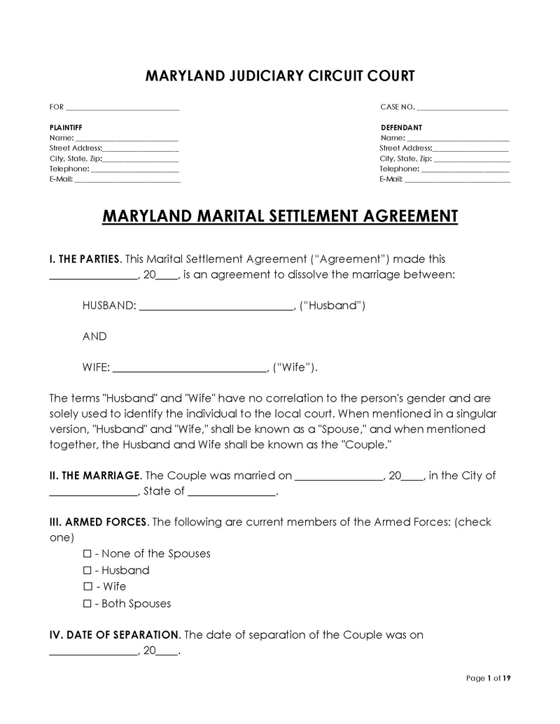 Maryland Divorce Settlement Agreement