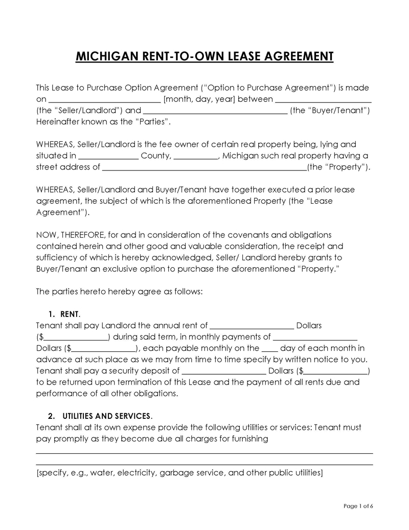 Michigan Rent-to-own lease agreement