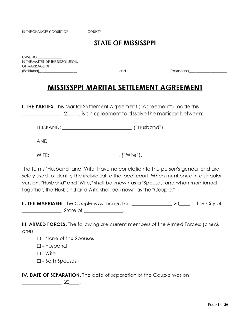 Mississippi Divorce Settlement Agreement