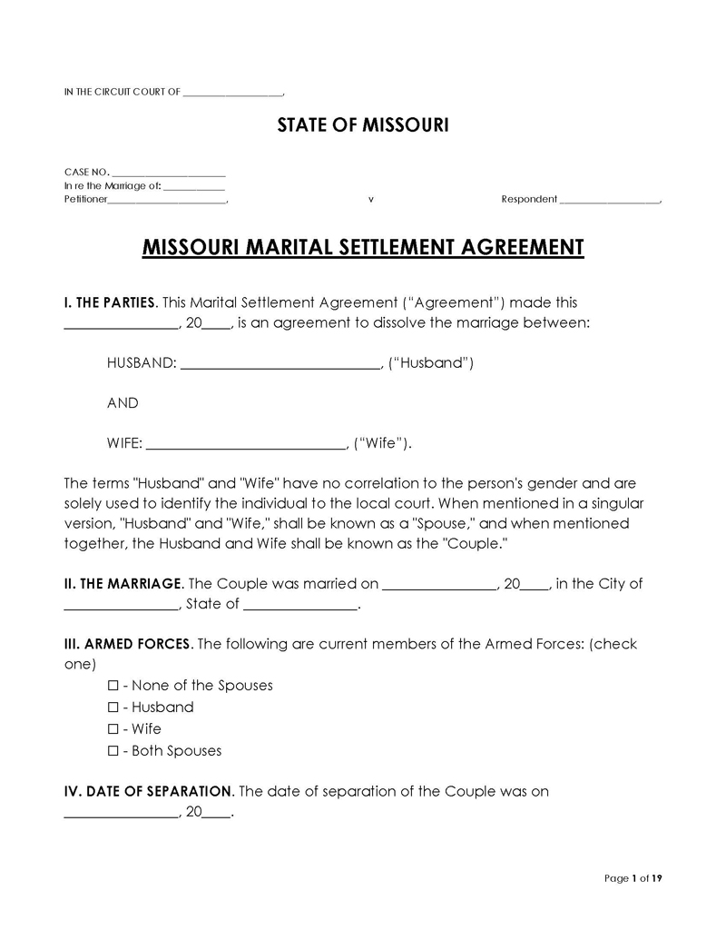 Missouri Divorce Settlement Agreement