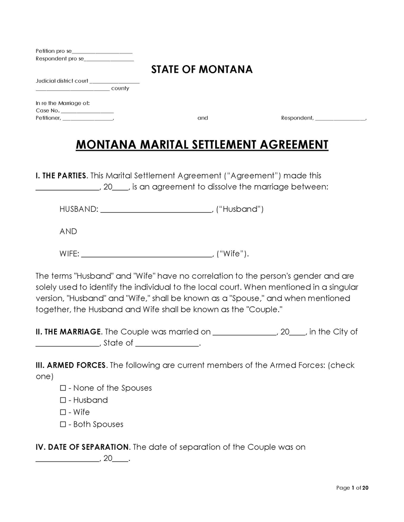 Montana Divorce Settlement Agreement