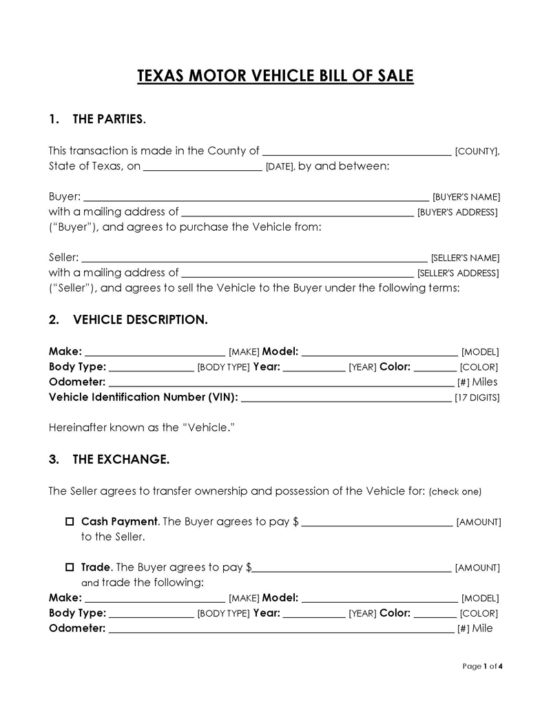 Great Printable Texas Motor Vehicle Bill of Sale Form as Word Document