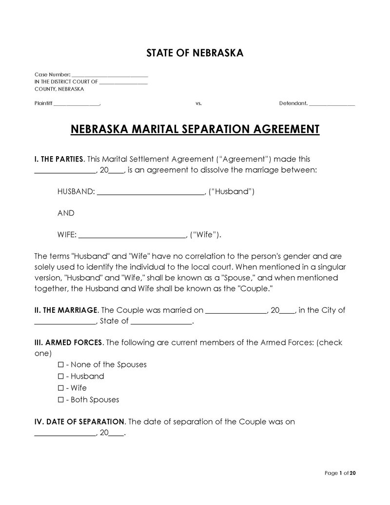 Nebraska Divorce Settlement Agreement