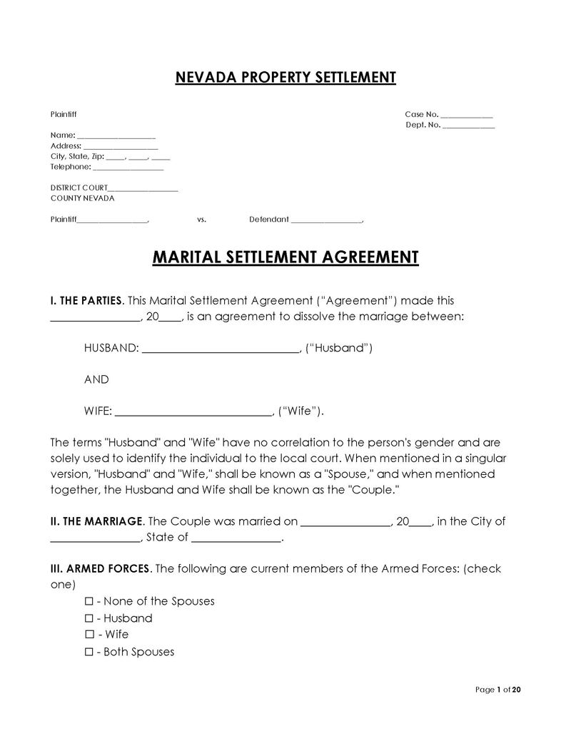 Nevada Divorce Settlement Agreement