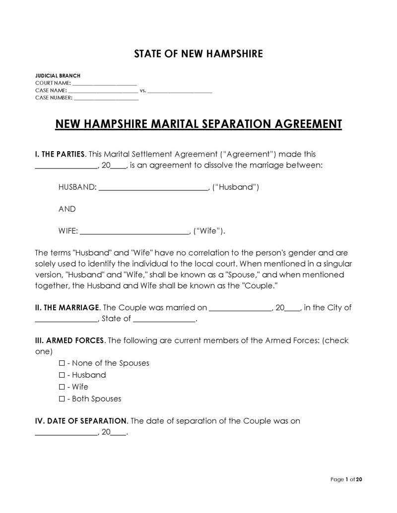 New Hampshire Divorce Settlement Agreement