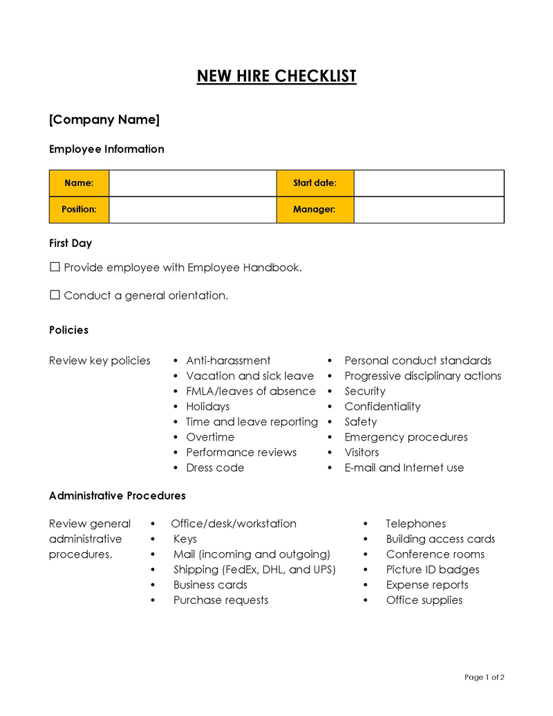 Great Downloadable General New Hire Checklist Template 02 for Word Document