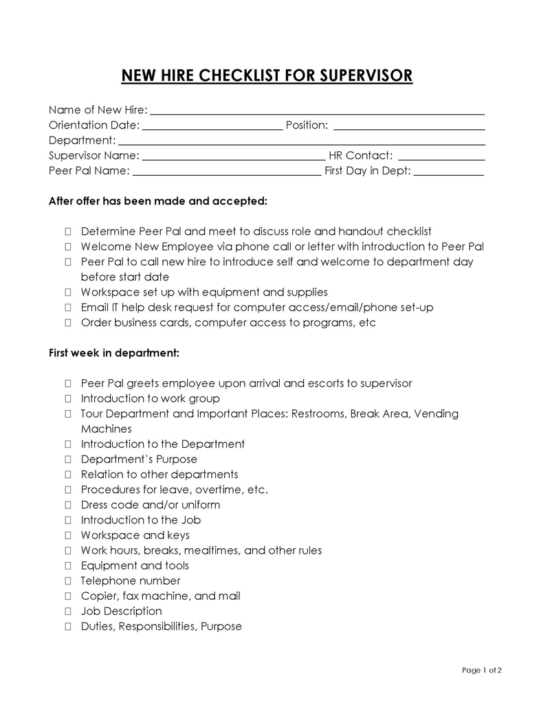 Free Printable New Hire Checklist for Supervisor Template 02 as Word File