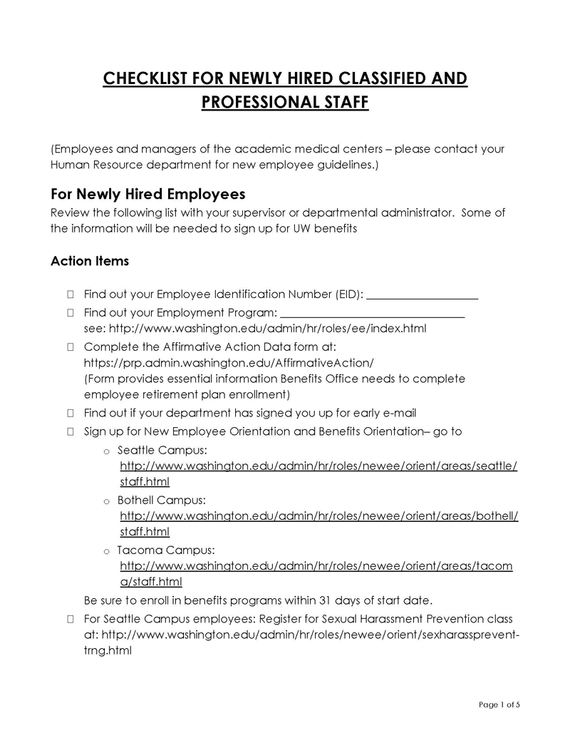 Professional Editable New Personal Staff Hire Checklist Template as Word File