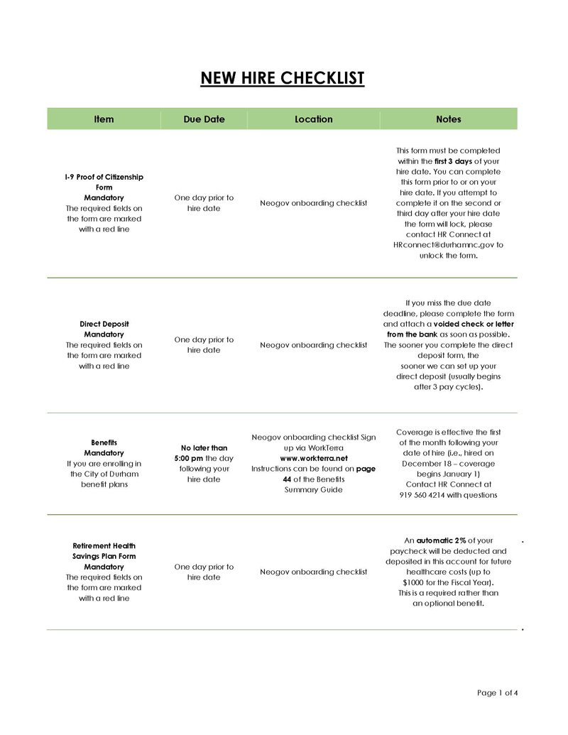 Great Downloadable General New Hire Checklist Template 08 for Word Document