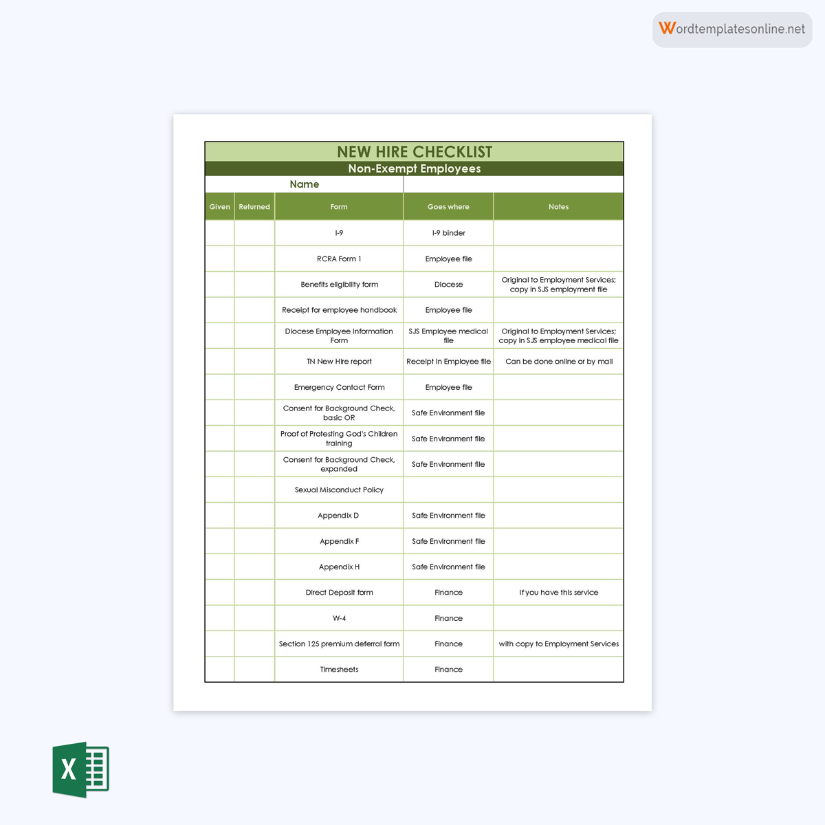 Free Downloadable Non-Exempt Employee New Hire Checklist Template for Excel Sheet