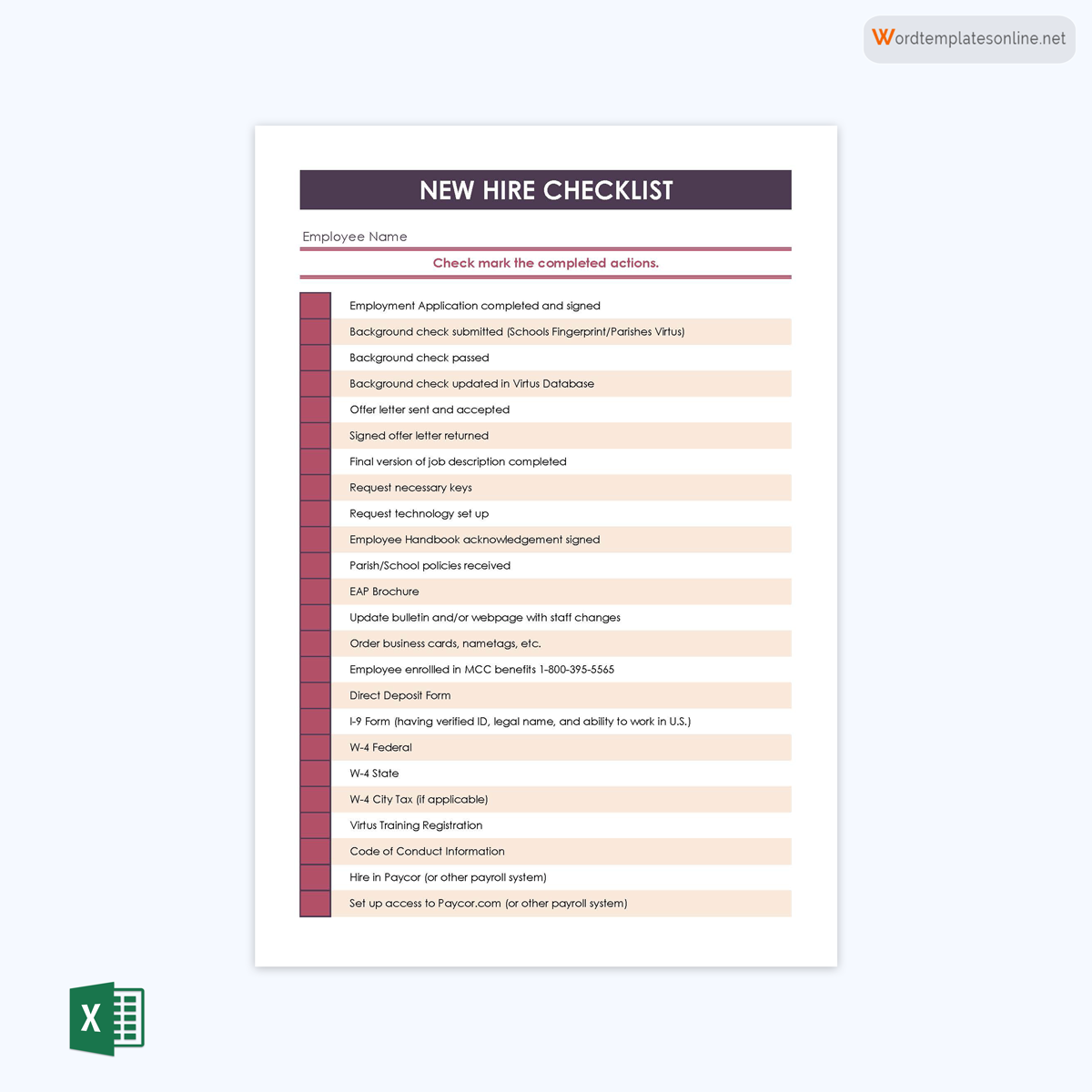 Free Downloadable Completed Actions New Hire Checklist Template for Excel Sheet