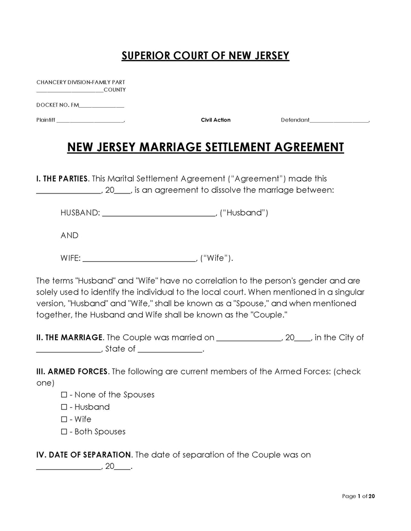 New Jersey Divorce Settlement Agreement